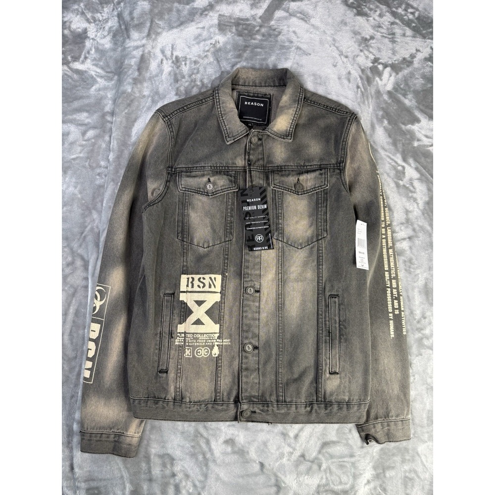 NWT Reason Supply Co Grey Denim Jacket Mens Size XXL Moto Style RSN Graphic